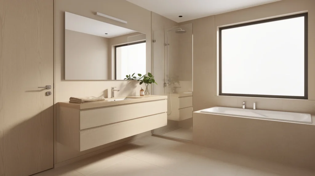 salle de bain beige bois